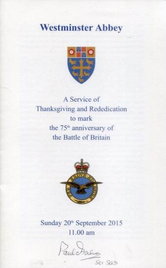 Battle of Britain 75th Anniversary (September 2015) Service Sheet From Westminster Abbey (Signed)